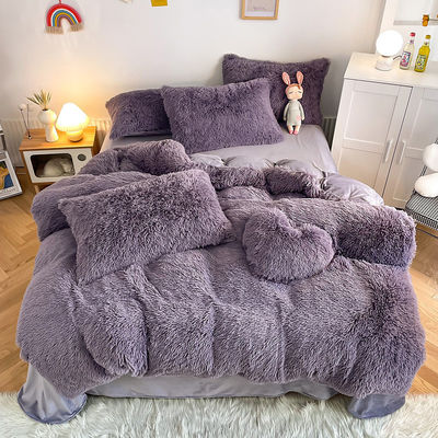Estilo Princesa Gris Púrpura Shaggy Mink Caliente Veludo Cristal Set de Coberturas de Colchón para Invierno