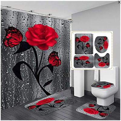 Flor de rosa personalizada 100% poliéster impermeable cortina de ducha cuarto de baño 4pcs conjunto superior-