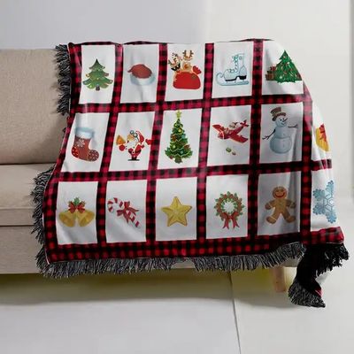 Políester de Navidad Imprimido Subbank lanzar manta con panel de cuadrado rojo y recubrimiento Tassel