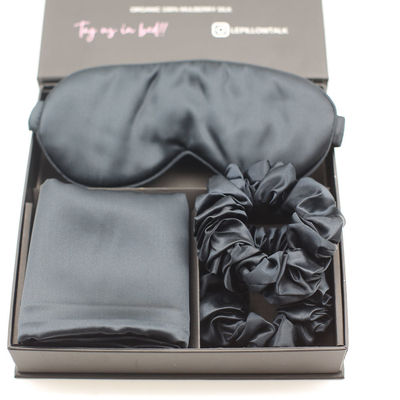 Modelo sólido Logotipo personalizado Mascarilla de ojos de seda satinada Conjunto de caja para dormir tranquilo y saludable