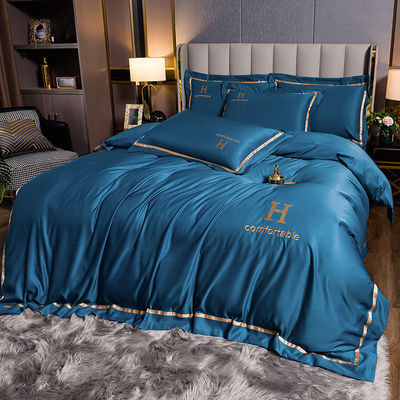 Moderno estilo Hotel Living ropa de cama de color sólido bordado de lavado Set de cubierta de edredón de seda