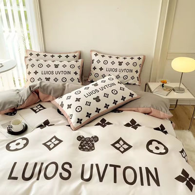 Popularidad Set de ropa de cama de algodón 4 en 1 Marrón Blanco King Size Sillón de cama
