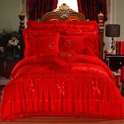 100% de algodón de color sólido de terciopelo encaje de cama mantel cubierta faldas montadas sábanas de cama 4pcs