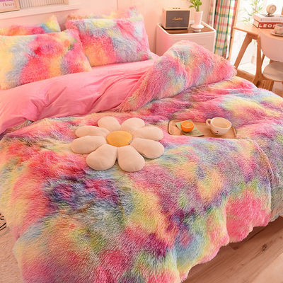Casa Hotel Boda Color Arco iris Falsa Piel Veludo Pelusa Plush Cama Blanda Set 4 piezas