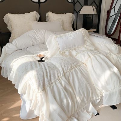 4PCS Set de ropa de cama de edredón y edredón con patrón sólido