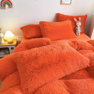 Color naranja brillante lujoso peludo visón caliente terciopelo cristal ropa de cama conjunto para 1.8m camas de 6 pies