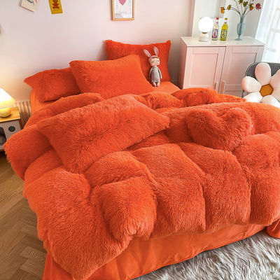 Color naranja brillante lujoso peludo visón caliente terciopelo cristal ropa de cama conjunto para 1.8m camas de 6 pies