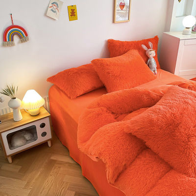 Color naranja brillante lujoso peludo visón caliente terciopelo cristal ropa de cama conjunto para 1.8m camas de 6 pies