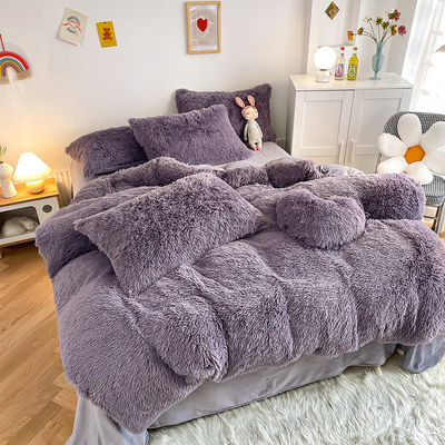 Estilo Princesa Gris Púrpura Shaggy Mink Caliente Veludo Cristal Set de Coberturas de Colchón para Invierno
