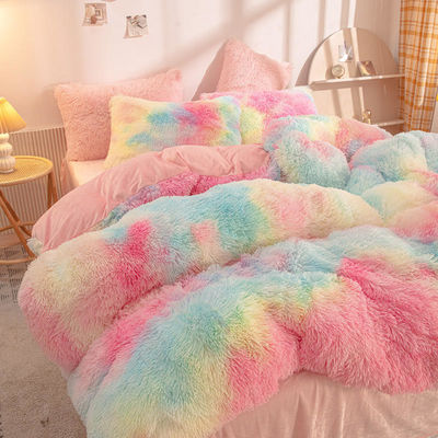 Color del arco iris Peludo falso terciopelo esponjoso ropa de cama de peluche conjunto para el hogar moderno y la decoración