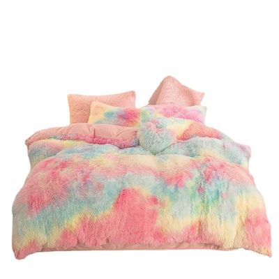 Color del arco iris Peludo falso terciopelo esponjoso ropa de cama de peluche conjunto para el hogar moderno y la decoración