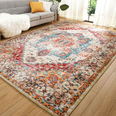Alfombra de dormitorio de estilo bohemio con impresión floral con función no derramadora y cuidado fácil