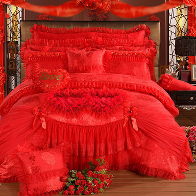 Hoteles de bodas esenciales 100% de algodón de terciopelo de encaje de cama conjunto con sábanas de faldas ajustadas