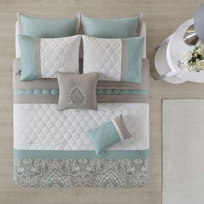 Set de ropa de cama de lujo con impresión de flores para cama de tamaño queen 7 piezas
