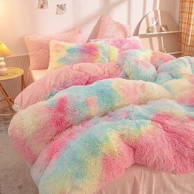 200TC Cuenta de hilos Set de ropa de cama de piel falsa Duvet de visón Rainbow Plush Fluffy Set de sábanas de lujo