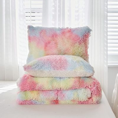 200TC Cuenta de hilos Set de ropa de cama de piel falsa Duvet de visón Rainbow Plush Fluffy Set de sábanas de lujo