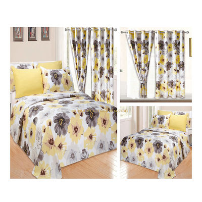 Casa 100% Poliéster Amarillo Impresión Floral Set de ropa de cama con 2 cortinas 8 piezas