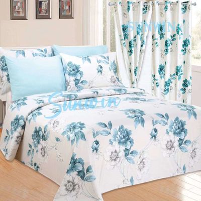 Casa 100% Poliéster Amarillo Impresión Floral Set de ropa de cama con 2 cortinas 8 piezas
