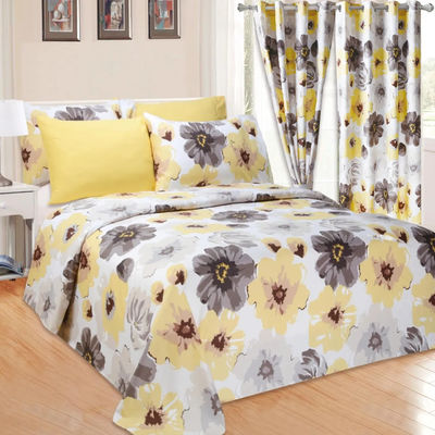 Casa 100% Poliéster Amarillo Impresión Floral Set de ropa de cama con 2 cortinas 8 piezas