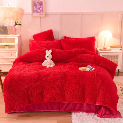 4 piezas Queen Size Set de cubierta de edredón con falda de satén y material de cama de algodón terciopelo