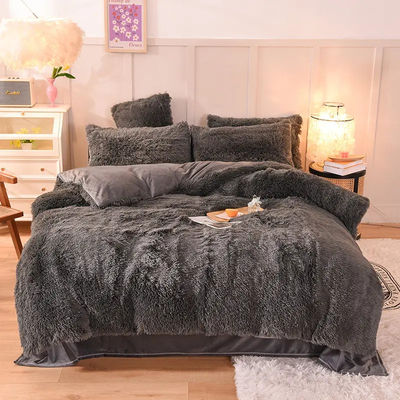 4 piezas Queen Size Set de cubierta de edredón con falda de satén y material de cama de algodón terciopelo