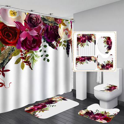 Impresión digital gruesa Diseño de flores Baño Cortinas de ducha y alfombras Conjunto de temporada