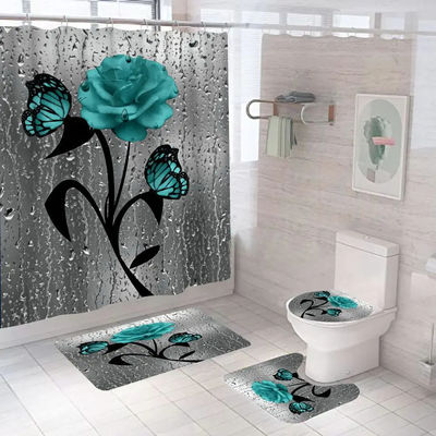 Flor de rosa personalizada 100% poliéster impermeable cortina de ducha cuarto de baño 4pcs conjunto superior-