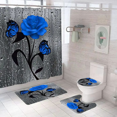 Flor de rosa personalizada 100% poliéster impermeable cortina de ducha cuarto de baño 4pcs conjunto superior-