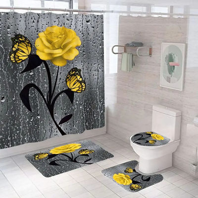 Flor de rosa personalizada 100% poliéster impermeable cortina de ducha cuarto de baño 4pcs conjunto superior-