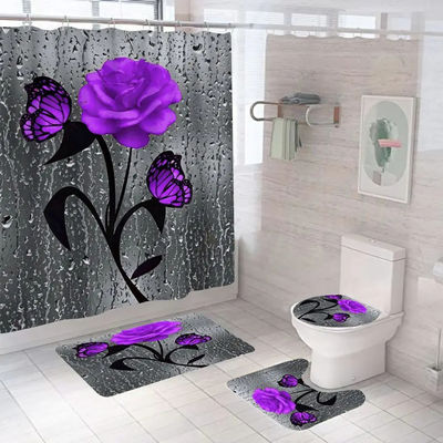 Flor de rosa personalizada 100% poliéster impermeable cortina de ducha cuarto de baño 4pcs conjunto superior-