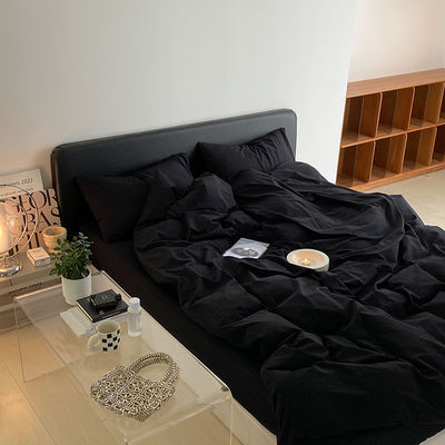1.2m 4 pies de King-Size ropa de cama en negro sólido de algodón lavado con cortinas a juego
