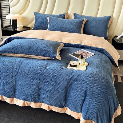 230g de leche tallada de terciopelo ropa de cama de invierno conjunto de patrón sólido 4 pcs para King Size Comforter