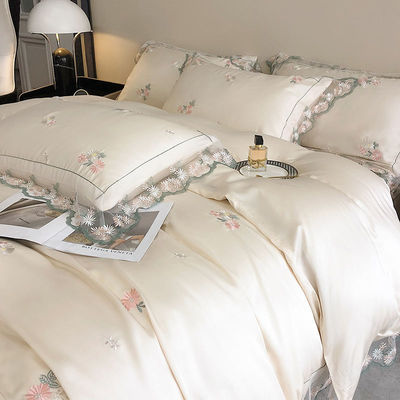 Todo el tiempo de seda blanca Queen King Size Set de ropa de cama con bordado a mano