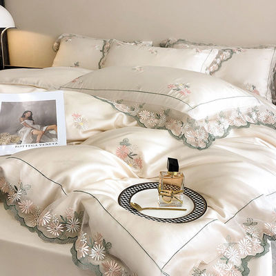 Todo el tiempo de seda blanca Queen King Size Set de ropa de cama con bordado a mano