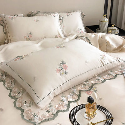 Todo el tiempo de seda blanca Queen King Size Set de ropa de cama con bordado a mano