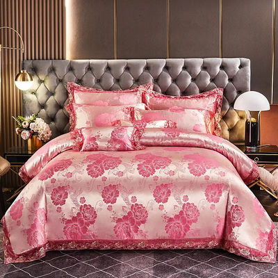 Lujo estilo europeo satinado encaje jacquard fibra modal de cuatro piezas de ropa de cama conjunto de sábanas